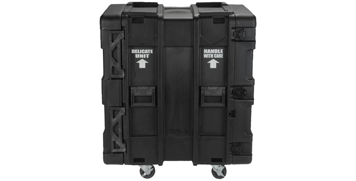 Rear view of sealed 24-Inch Shock Rack - rSeries 16U with rugged handles and wheels, designed for shock protection and transport.