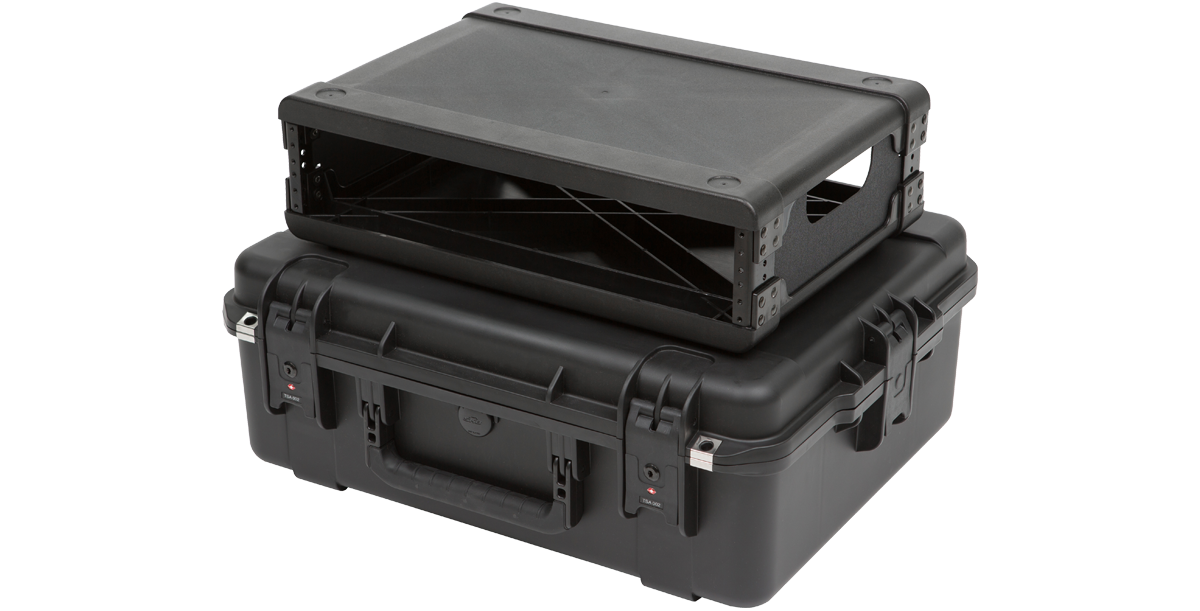 Side angle of Injection Molded Fly Rack 2U Case with removable rack, emphasizing portability and molded construction.
