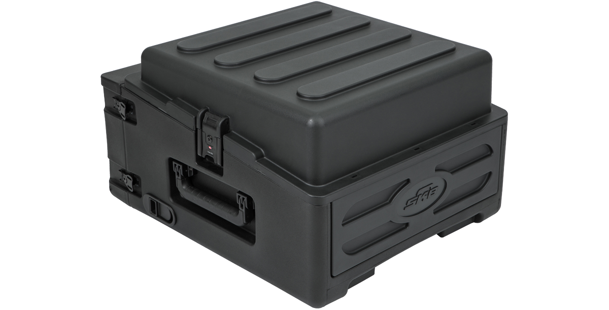 Closed Compact Rig Case - Rolling with rugged exterior, TSA locks, and molded design for secure transport.