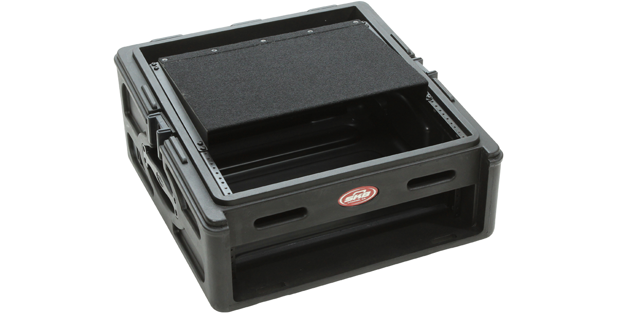 Velcro Rack Shelf securely mounted in a slant rack case, offering a versatile platform for audio accessories or portable devices.