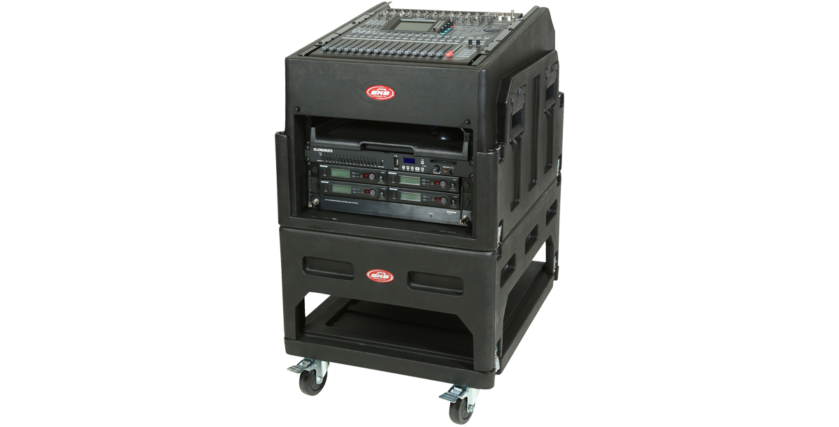 Mighty GigRig - Rolling Rack System featuring 14U steel rails and locking casters, shown with mounted audio equipment and mixer.