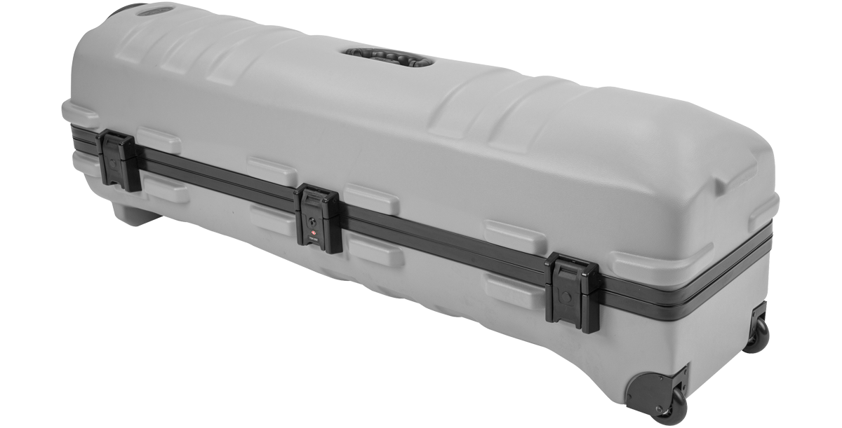 Angled view of ATA Staff Pro XL Golf Travel Case - Grey featuring rugged exterior, secure latches, and smooth-rolling wheels.