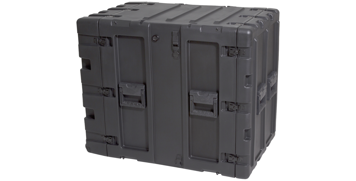 Closed 14U Shock Rack Transport Case with reinforced latches and molded handles for secure gear transport.