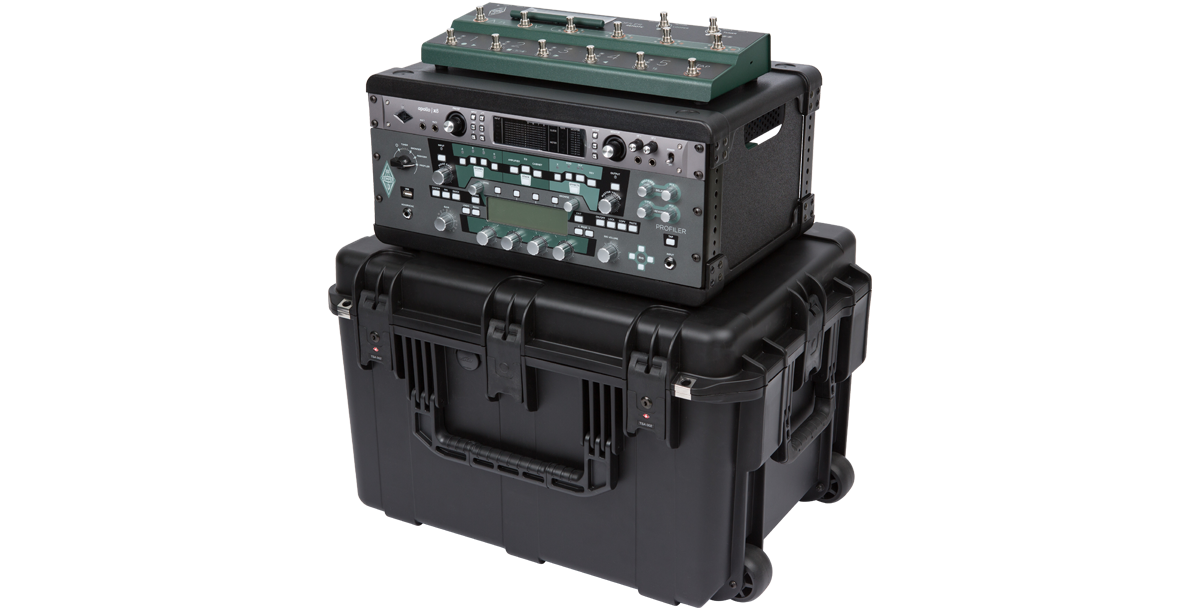 Angled view of 4U iSeries Guitar FX Fly Rack with processor and foot controller mounted on rugged injection molded case.