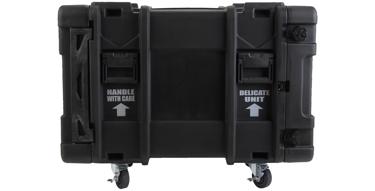 Side view of 30-Inch rSeries Shock Rack case with 'Handle With Care' and 'Delicate Unit' labels, ideal for server and pro-audio transport.