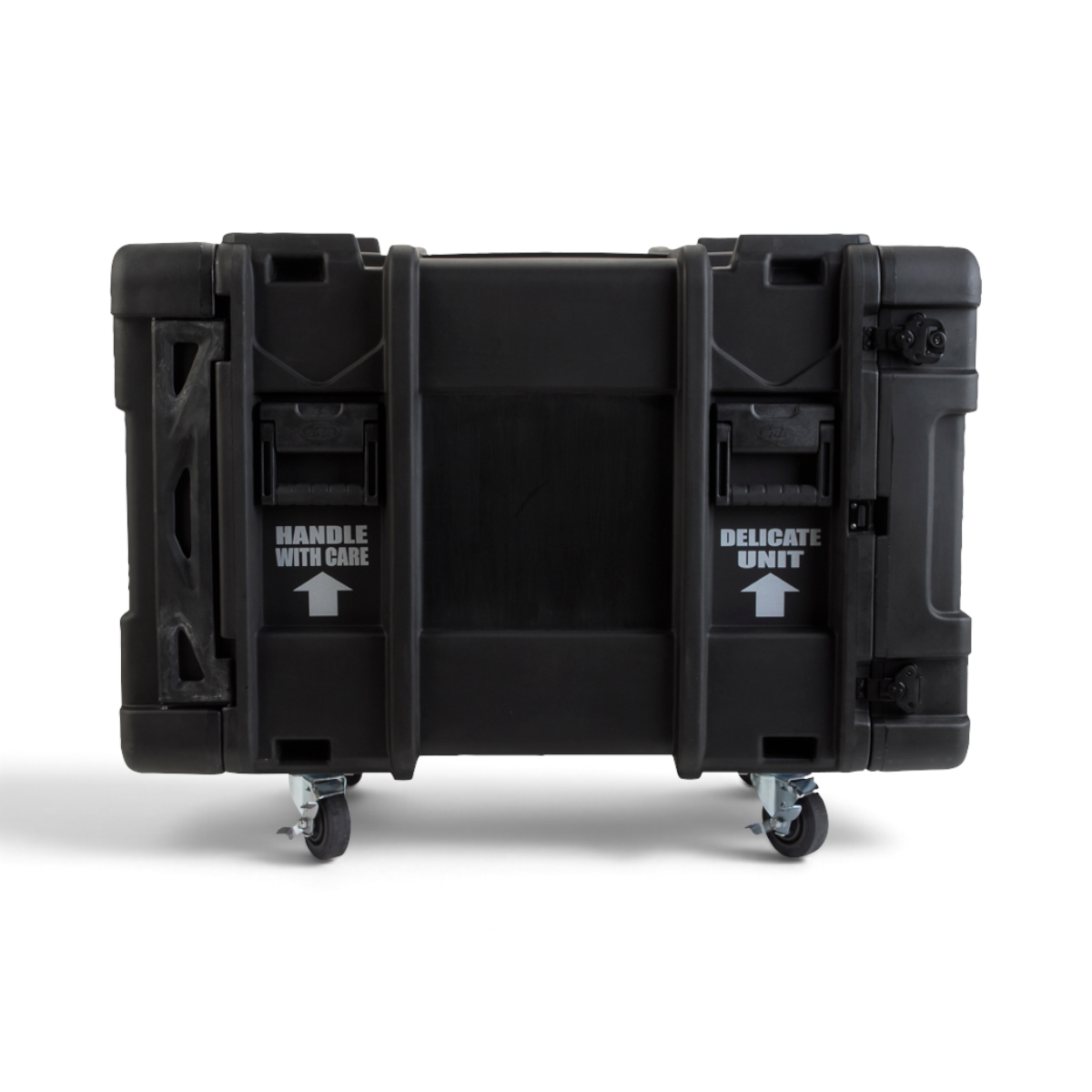 Side view of 28 Inch Shock Rack with ARCS System - 10U, labeled 'Handle With Care' and 'Delicate Unit' for safe handling.