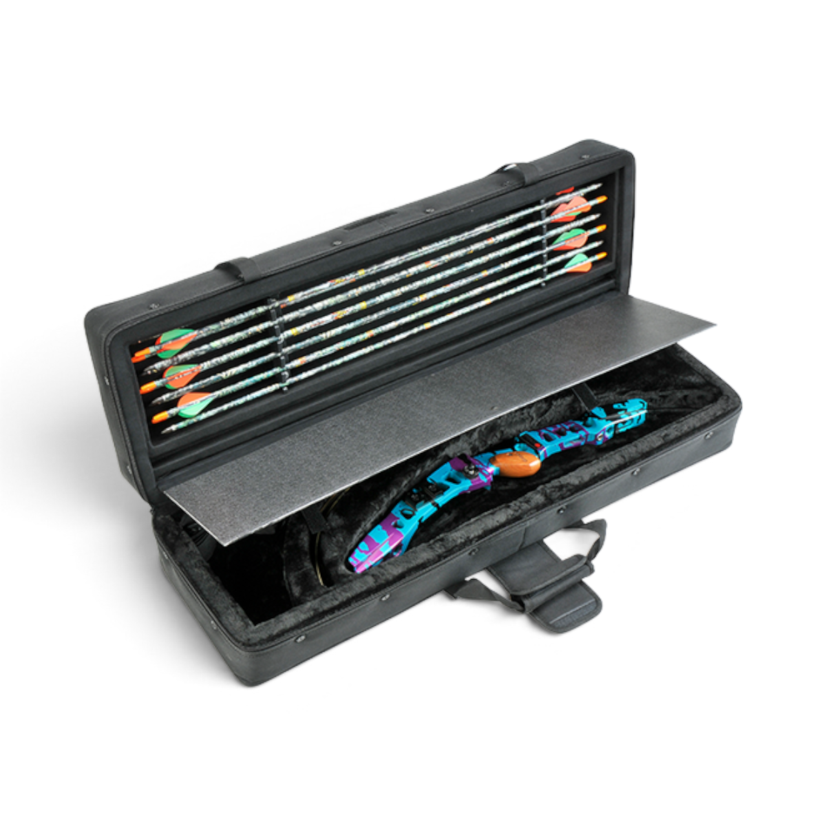 SKB Cases Hybrid 3410 recurve bow case in black nylon with foam insert holding a colorful bow and arrows