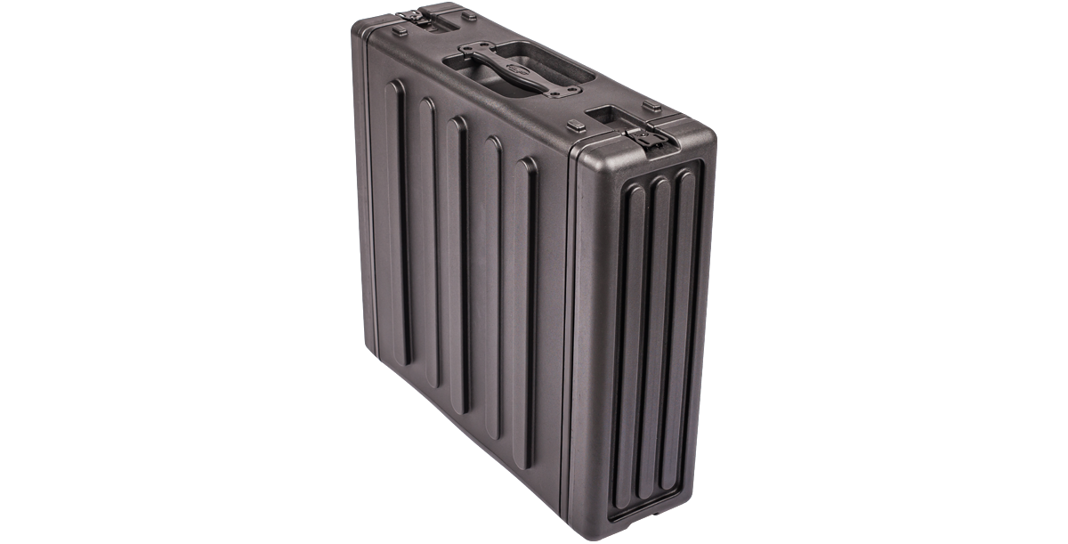 Vertical angled view of 3U rSeries Rack - 3U rack case with ribbed exterior and top handle, designed for compact storage.