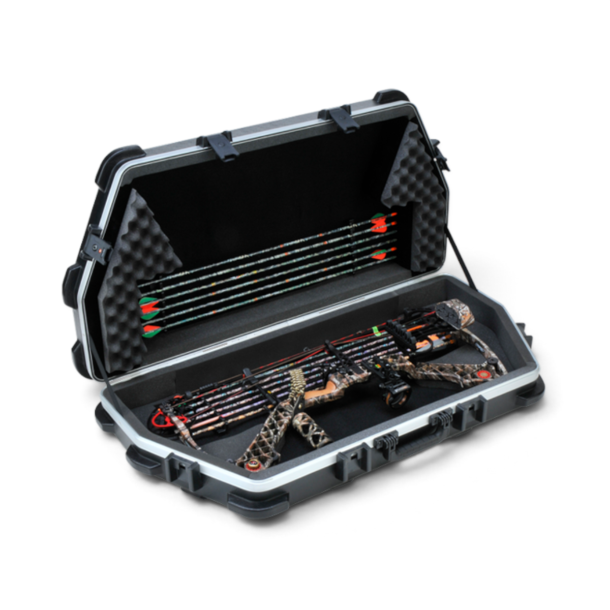 SKB Cases ATA parallel limb bow case with foam interior, holding a camo compound bow and arrows in a hard shell.