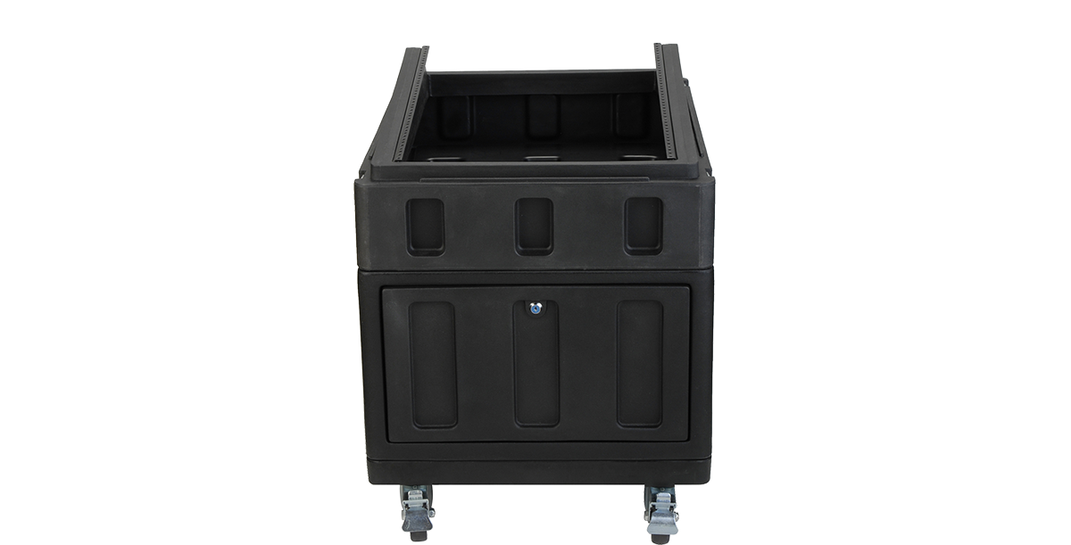 Rear view of Roto-Molded Gig Safe 14U Rack Case on caster wheels, offering mobility and easy access to rear panel connections for mixers.