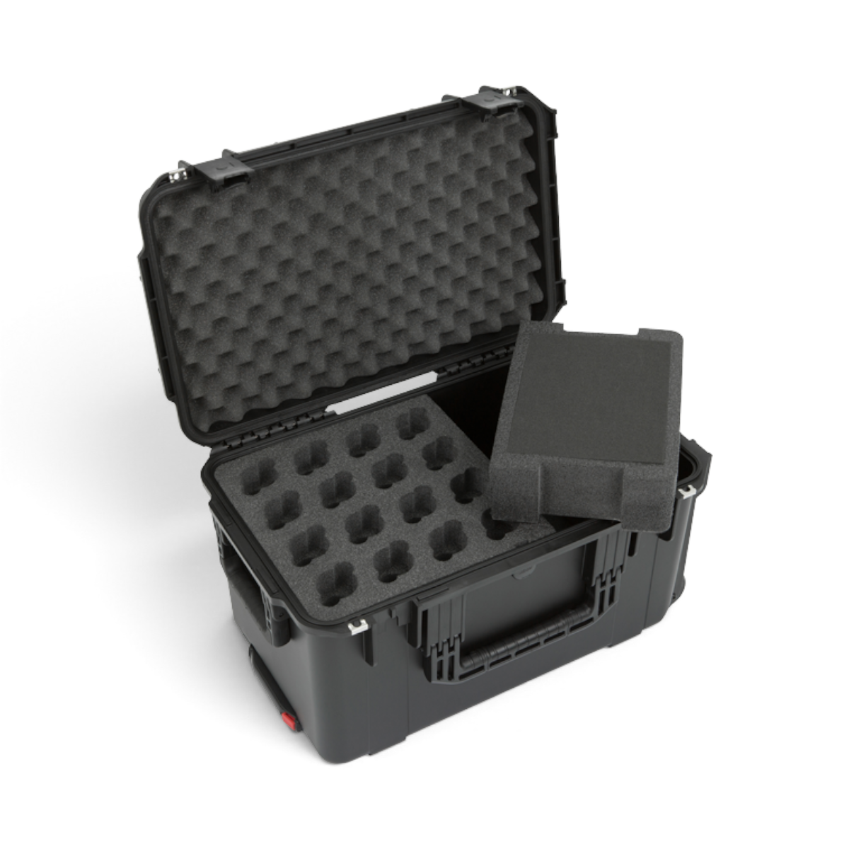 SKB Cases iSeries waterproof wireless microphone case with custom foam interior for 16 mics and accessory tray.