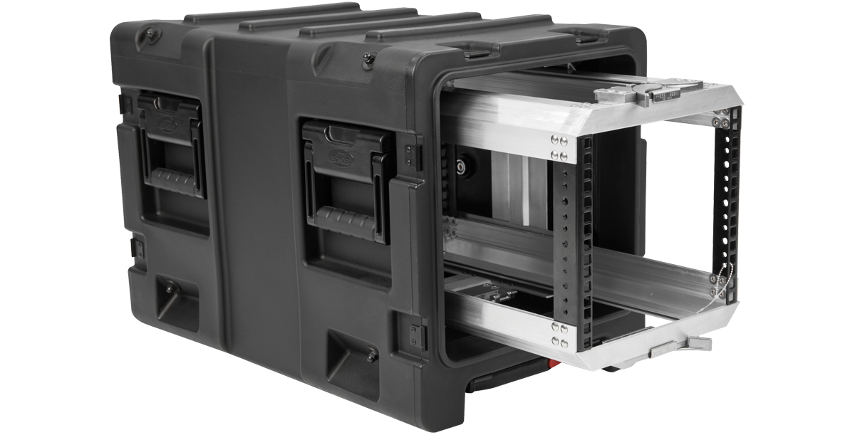 Durable 20-inch Shock Rack Case with open front lid displaying internal aluminum rack frame, perfect for secure equipment mounting.