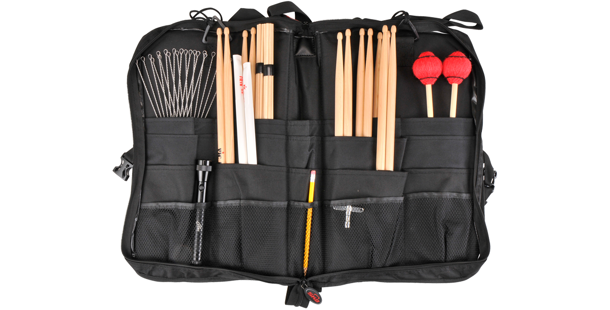 Open SKB Drum Stick Bag showing organized compartments for drumsticks, brushes, and mallets with mesh pockets for accessories.