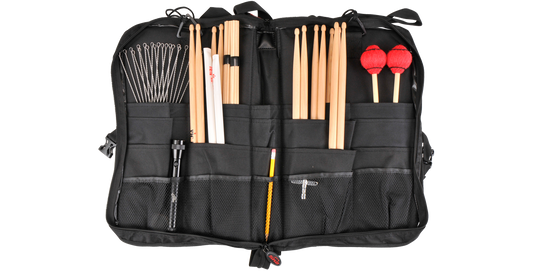 Open SKB Drum Stick Bag showing organized compartments for drumsticks, brushes, and mallets with mesh pockets for accessories.