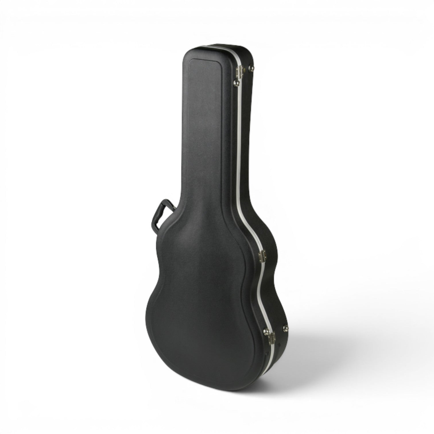 Angled rear view of SKB Economy acoustic guitar case, emphasizing its sturdy construction and ergonomic handle.