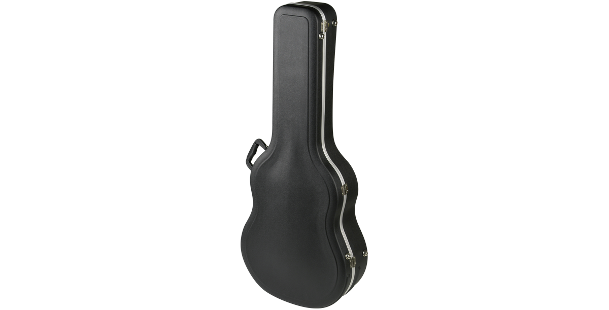 Angled rear view of SKB Economy acoustic guitar case, emphasizing its sturdy construction and ergonomic handle.