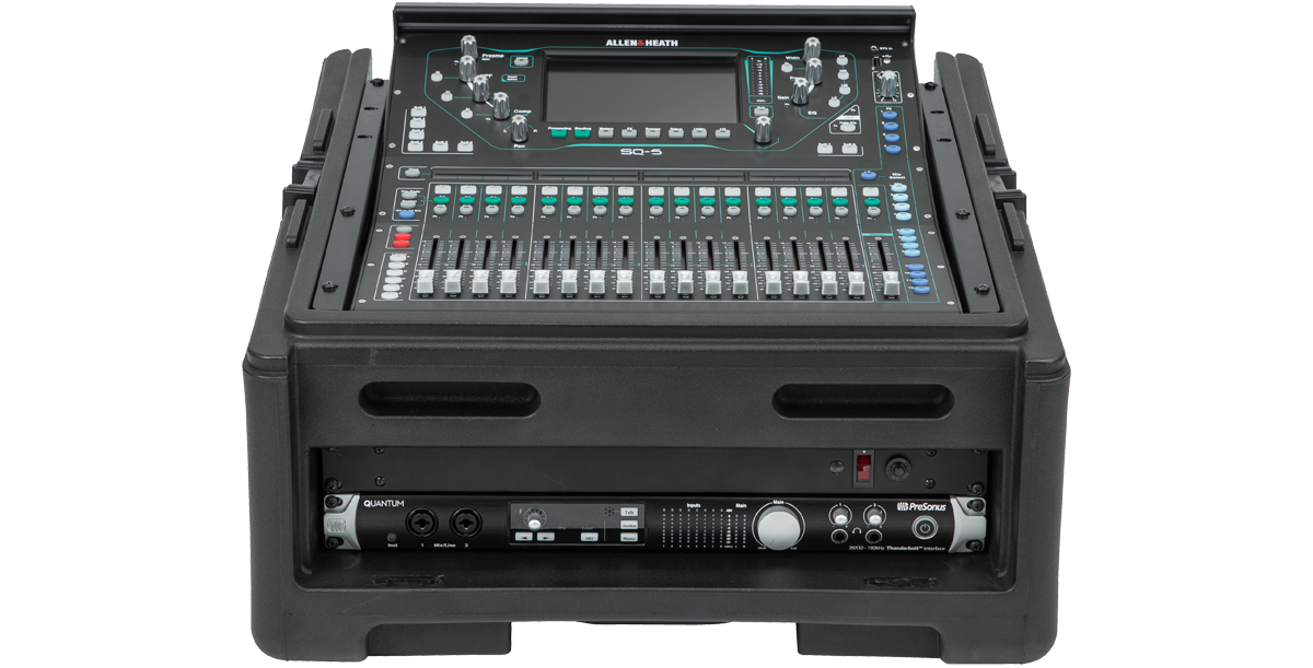 Front view of Compact Rolling Rig Case with 10U top and 2U rack rails, loaded with mixer and audio interface gear.