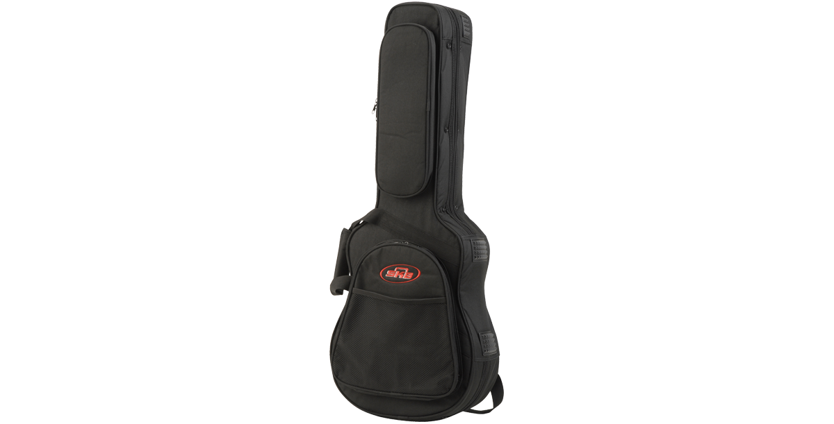 Angled view of Soft Case for Baby Taylor/Martin LX with front storage pocket and reinforced sides for added guitar safety.