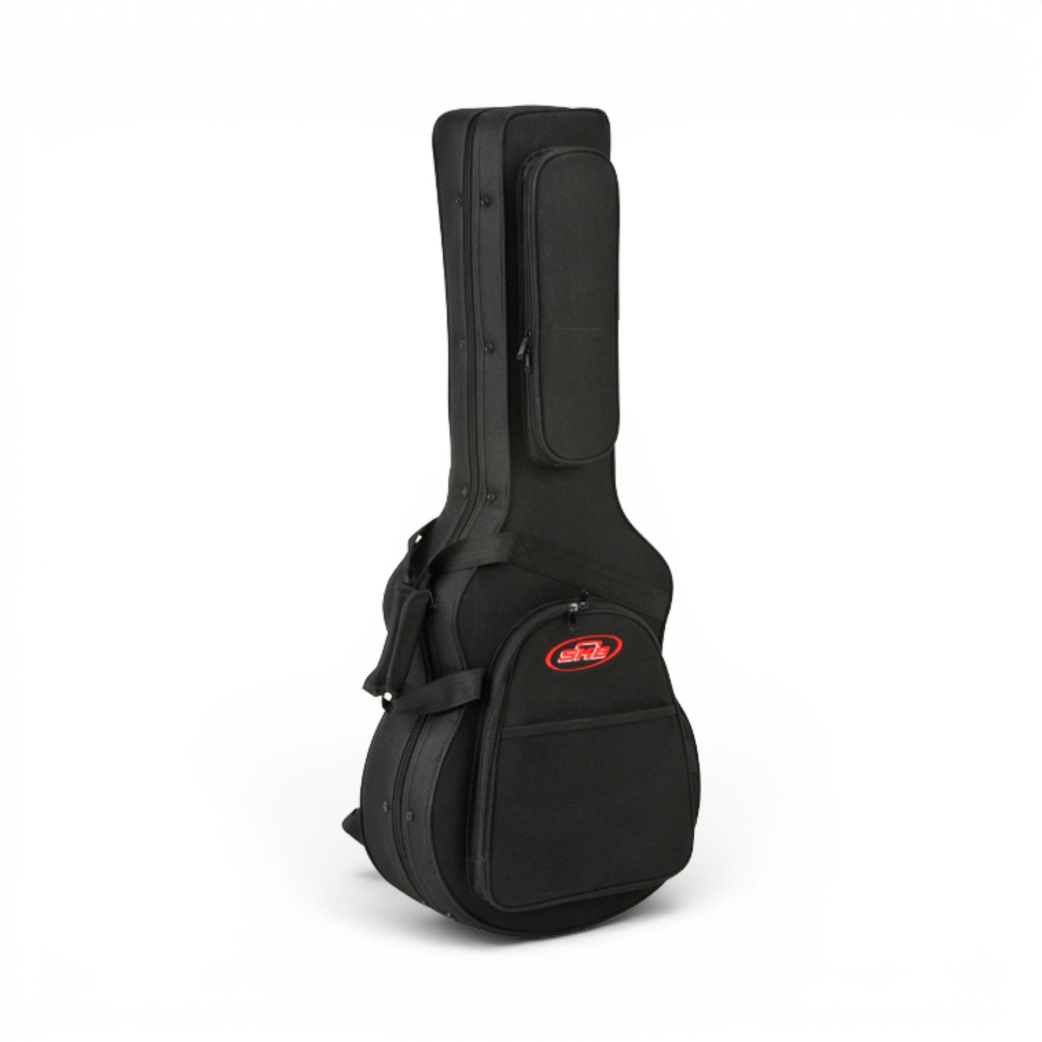 Angled view of closed GS Mini protective case with red logo, showing reinforced edges and external pockets for organized storage.
