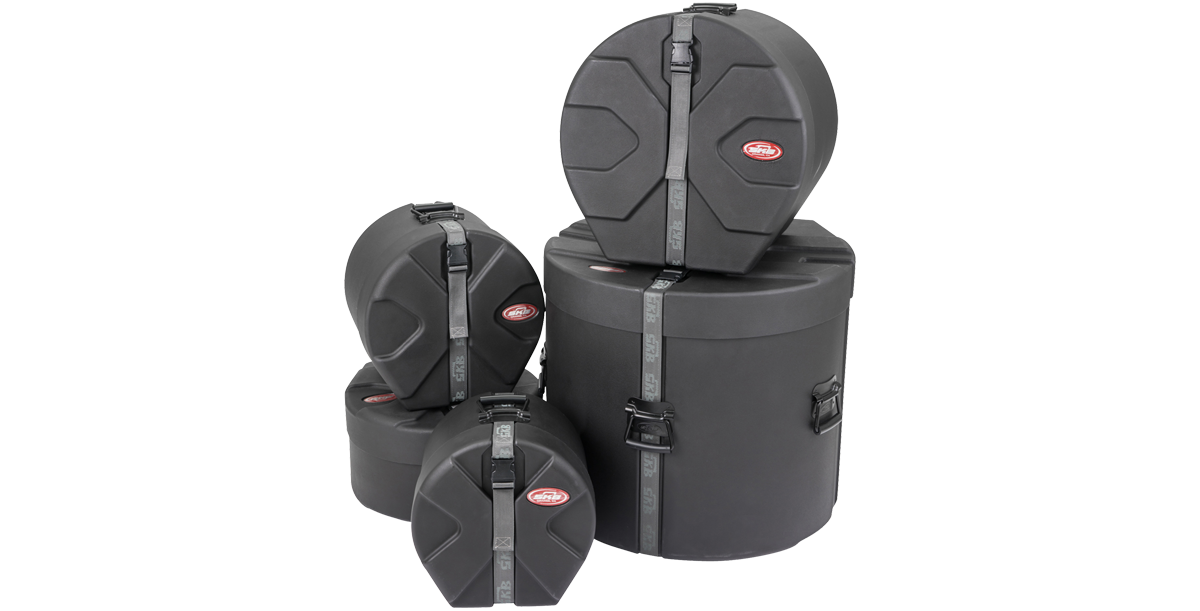 Complete SKB Drum Package - Ultimate Drum Case Set including cases for tom, snare, floor, and bass drums with stackable design.