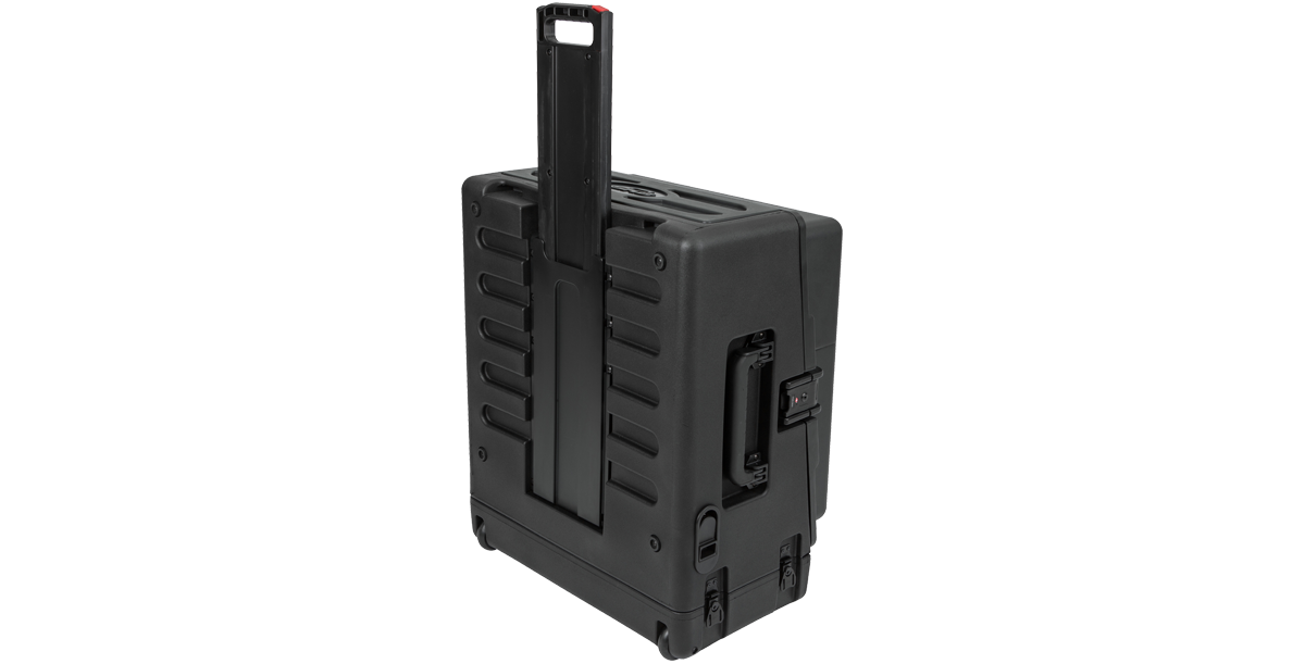 Back view of Compact Rig Case - Rolling with telescoping handle and wheels, designed for mobile audio professionals.