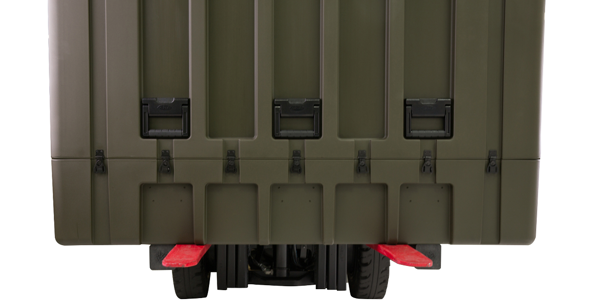 rSeries Forklift Runners installed on a single lid case, enabling secure forklift access for efficient handling and mobility.