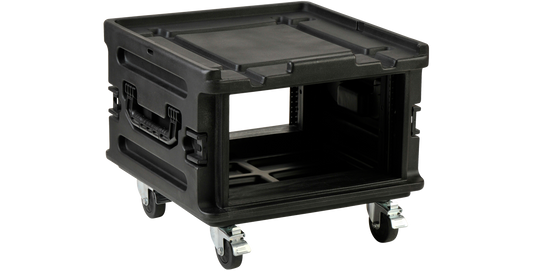 Expandable Roto Molded Rack Case with Wheels featuring durable handles and TSA lockable design for pro audio accessory storage and transport.