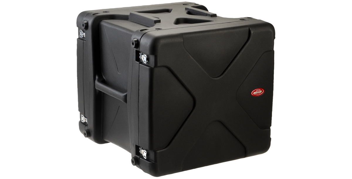 Rear angled view of 20-inch Shock Rack - 10U Deep with rugged exterior and locking mechanisms for maximum vibration control.