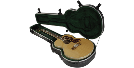Universal Jumbo Guitar Case - Superior Protection with plush green interior cradling a jumbo acoustic guitar, ideal for travel and storage.