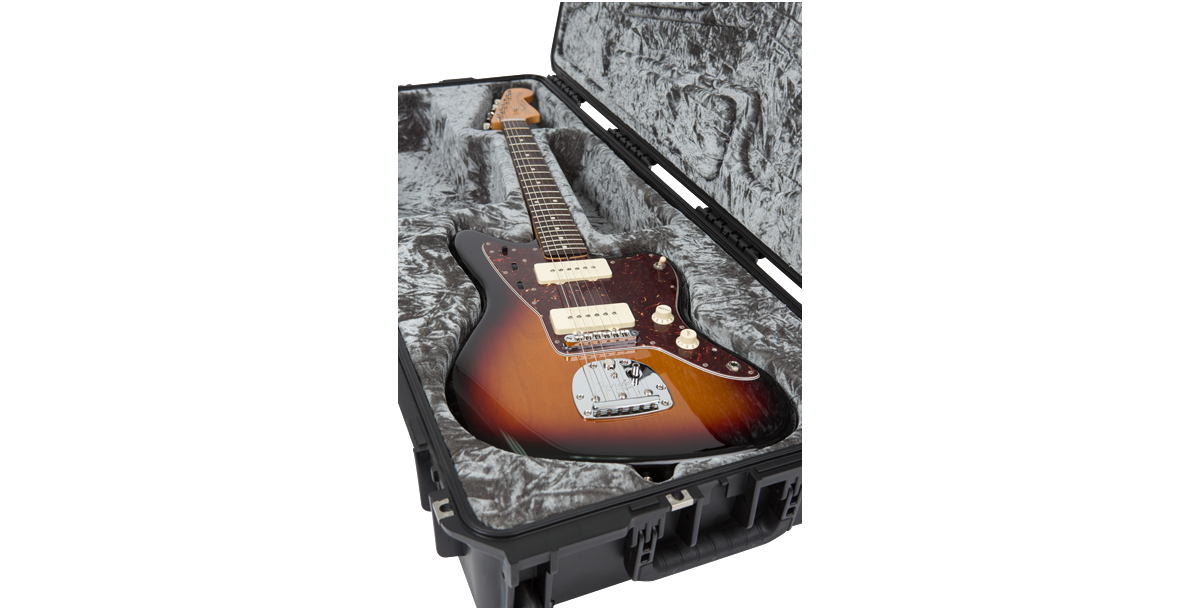 Waterproof Guitar Case for Jaguar Jazzmaster with sunburst electric guitar inside, featuring plush grey interior and TSA-approved locks.