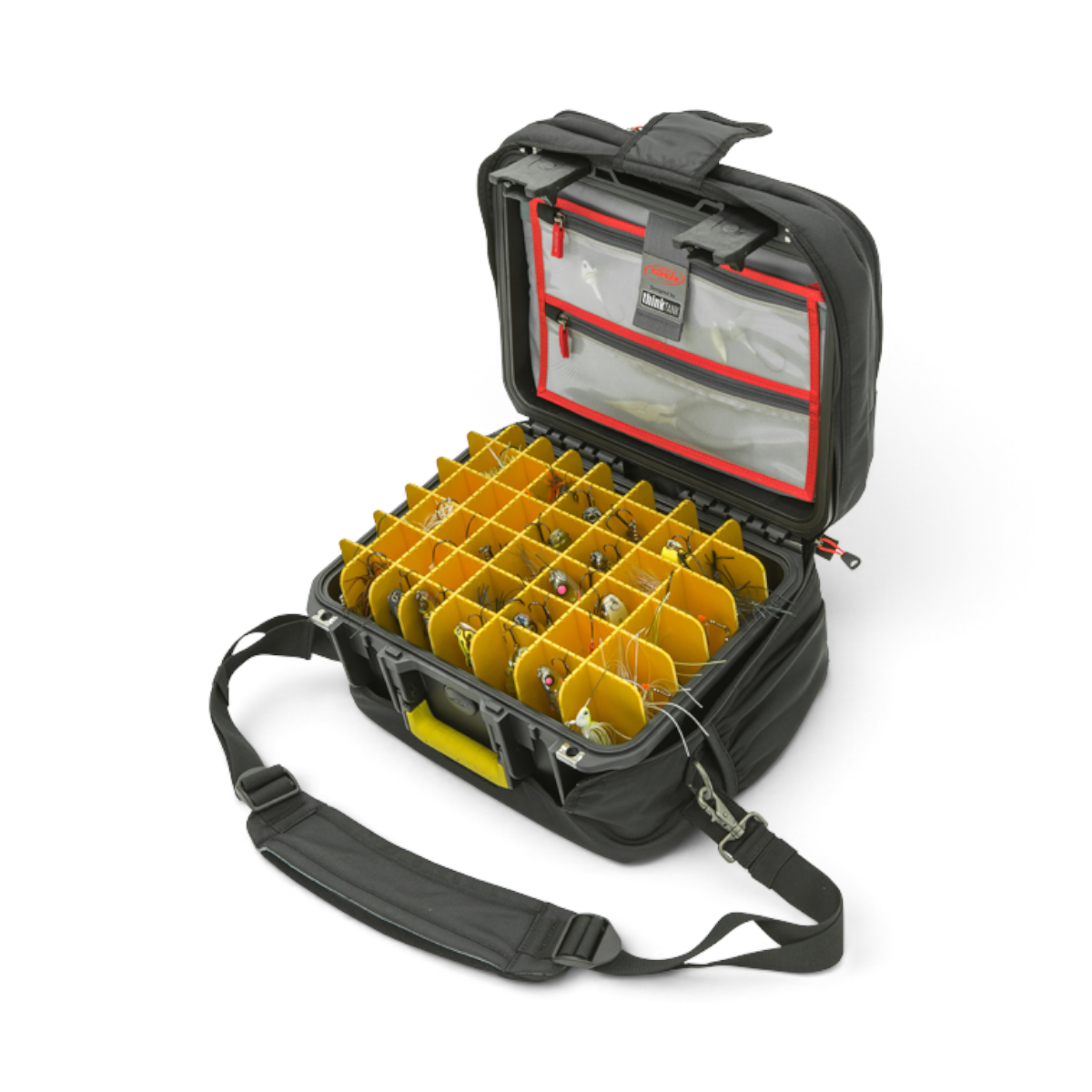 SKB Cases iSeries 1309-6 waterproof lure case with yellow dividers, black exterior, and Think Tank lid organizer.
