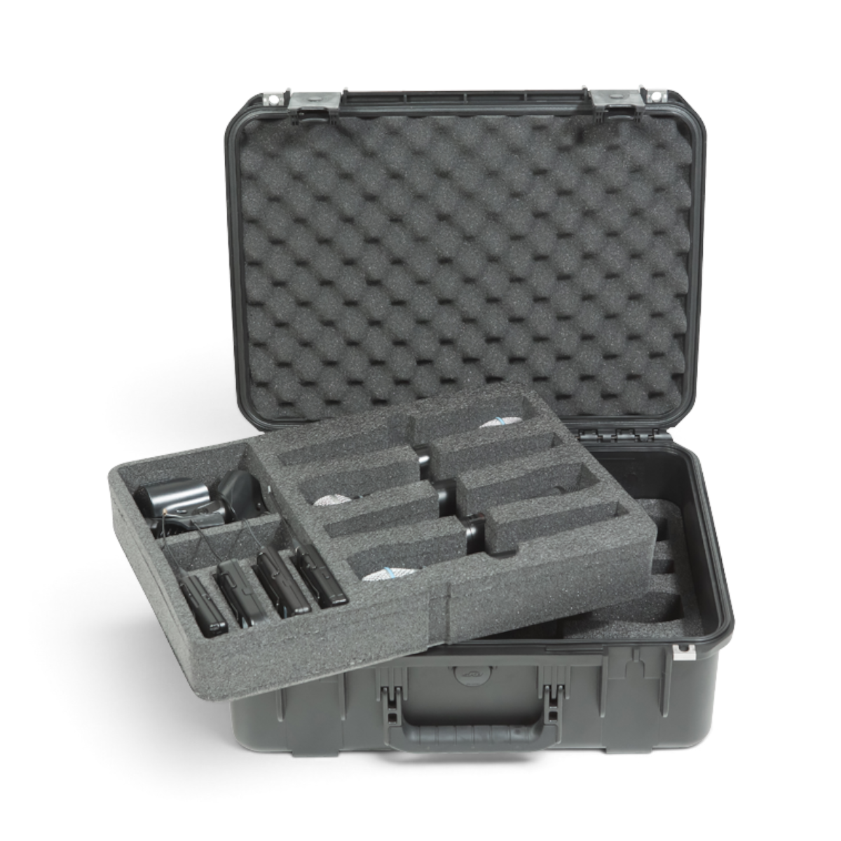 SKB Cases iSeries waterproof wireless microphone case with custom dual-layer foam interior for eight mics and packs.