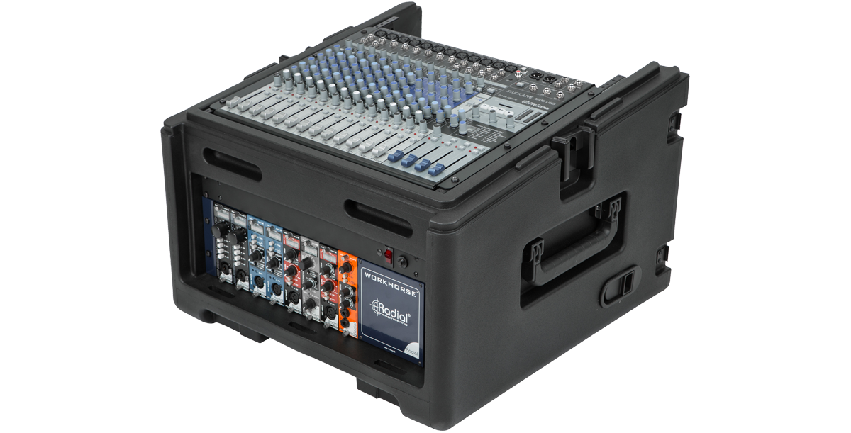 Angled view of rolling compact rig with 10U mixer and 4U rack. Features rugged handles and pro audio rack modules for travel-ready use.