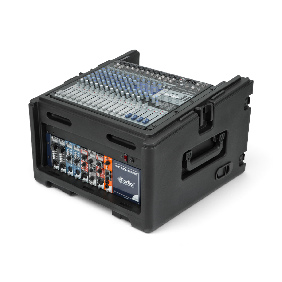 Angled view of rolling compact rig with 10U mixer and 4U rack. Features rugged handles and pro audio rack modules for travel-ready use.