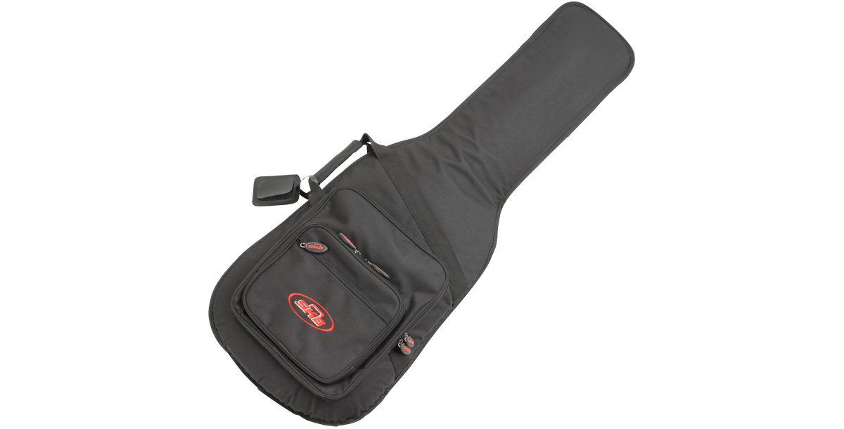 Electric Guitar Gig Bag - Perfect Fit for Solid Bodies featuring dual front accessory pouches, durable zippers, and a sleek black design.