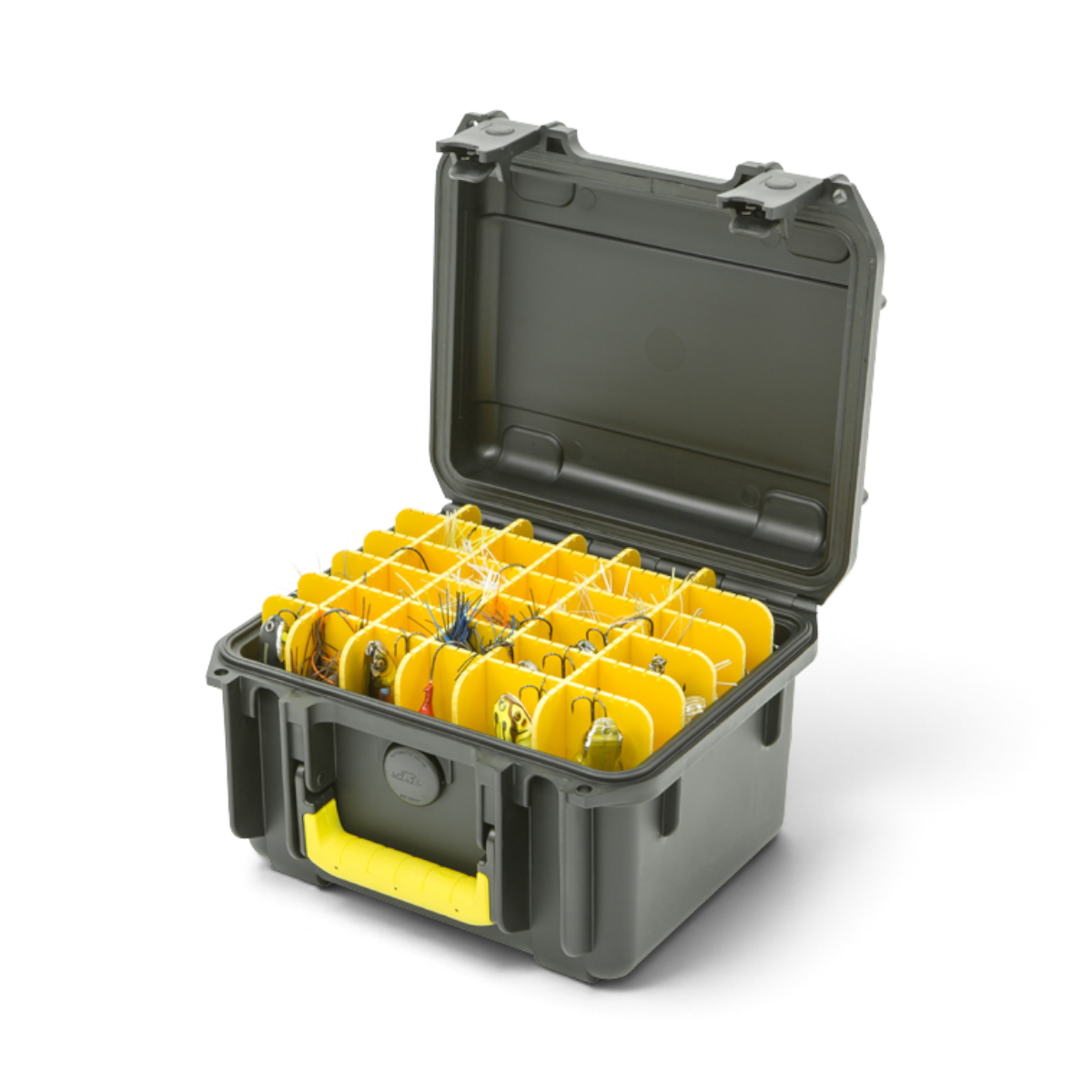 SKB Cases iSeries 0907-6 waterproof lure case with yellow adjustable dividers and black military-grade exterior