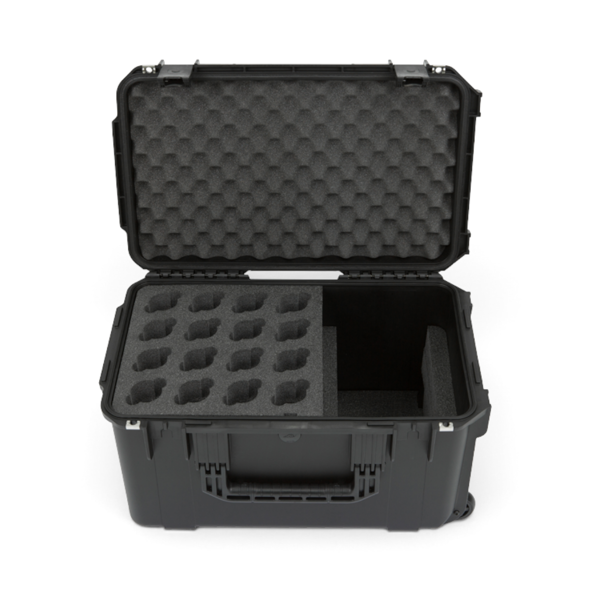 SKB Cases iSeries wireless microphone case with custom foam interior for 16 mics and accessory storage compartment.
