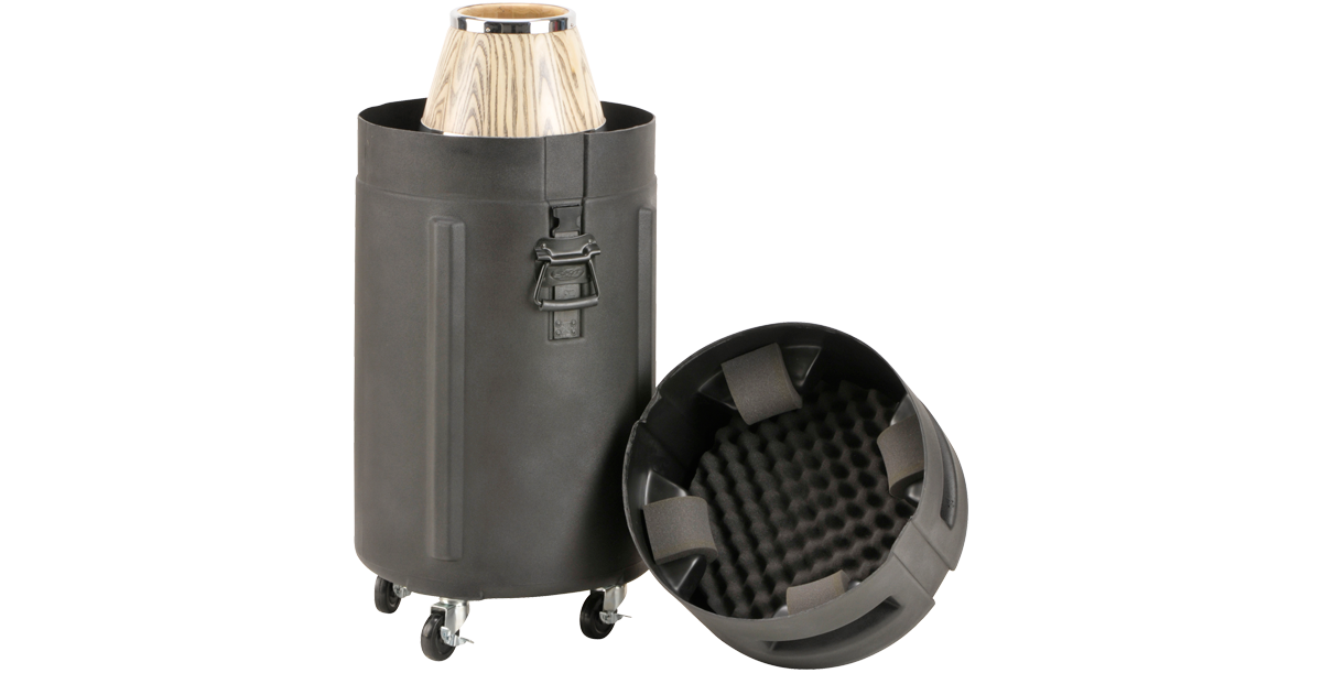 Universal Conga Case with Wheels partially open, displaying secure foam padding and lockable latches for safe and easy drum mobility.