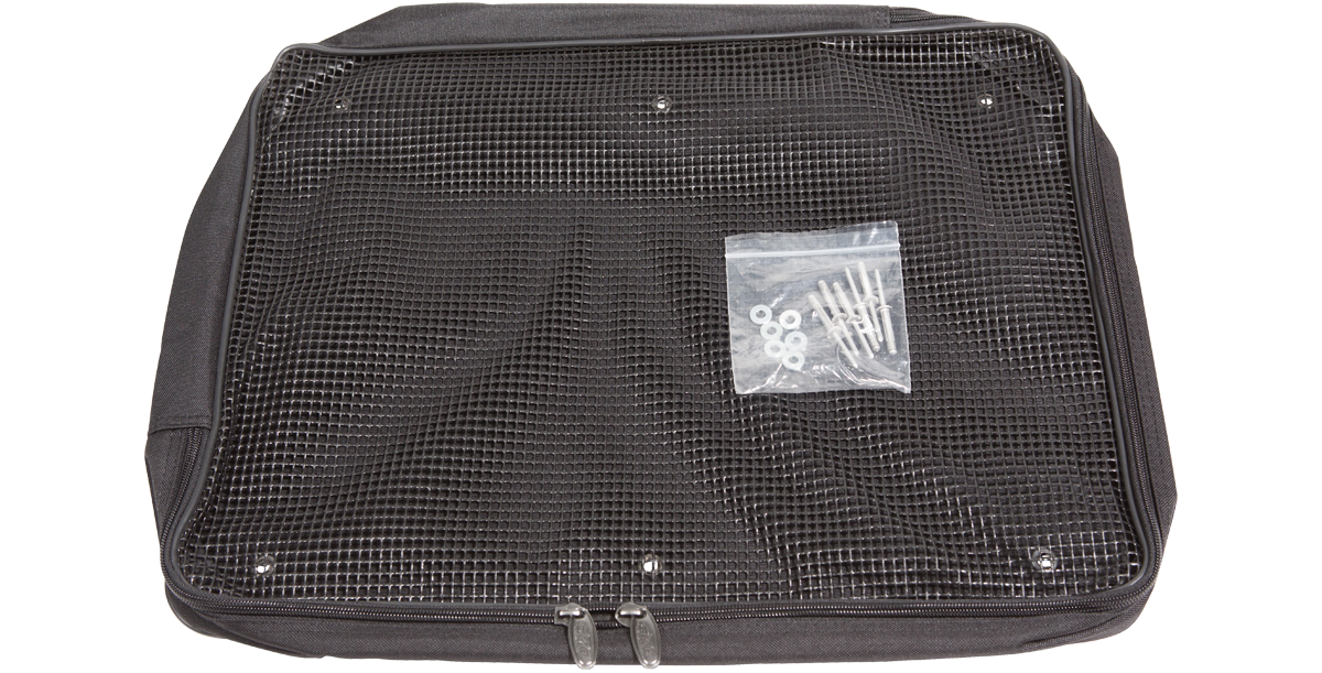 Shockrack accessory pocket with hardware kit inside mesh front, designed for secure attachment to SKB lids, size 20x15.5x2.