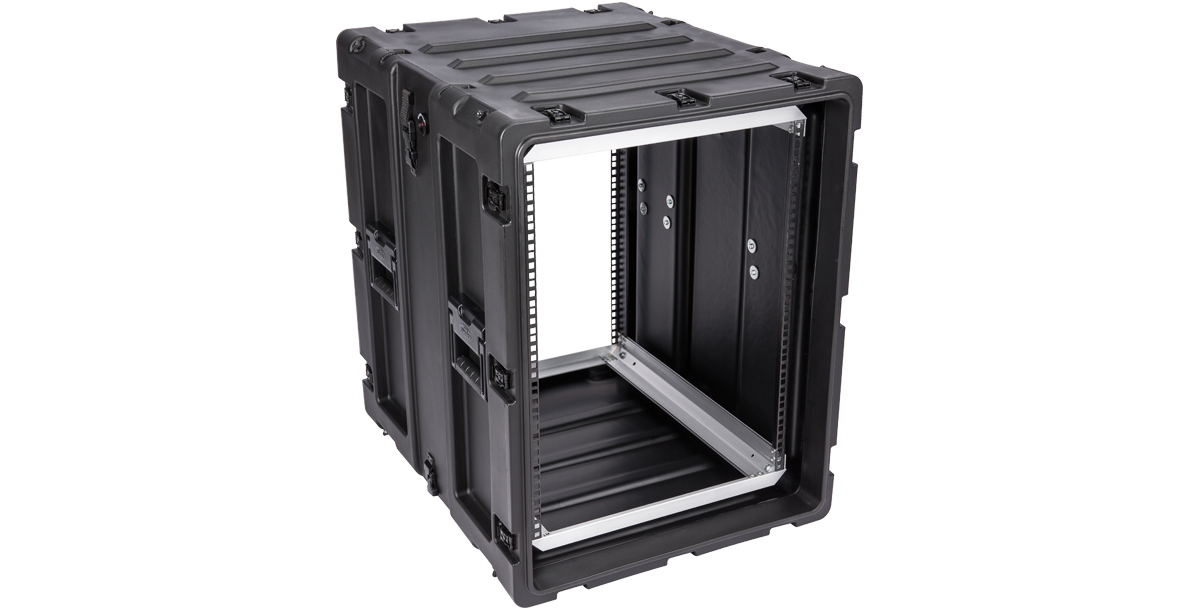 Angled open view of 24-Inch Shockproof Rack Case - Electronics Protection, showcasing spacious interior and shock-mounted rack frame.