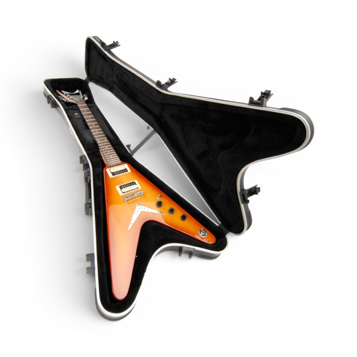 Flying V guitar secured inside Flying V® Hardshell Guitar Case with plush interior lining and neck support for ultimate protection.