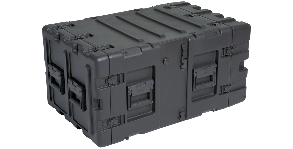 Closed 24-Inch Deep 7U Shock Rack with rugged black exterior and reinforced corners for maximum protection during transport.