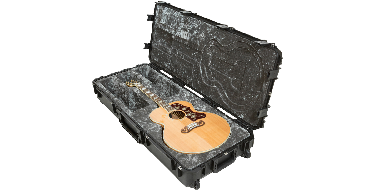 Durable iSeries Waterproof Jumbo Acoustic Guitar Case featuring molded interior and secure fit for jumbo guitars like Martin or Taylor.