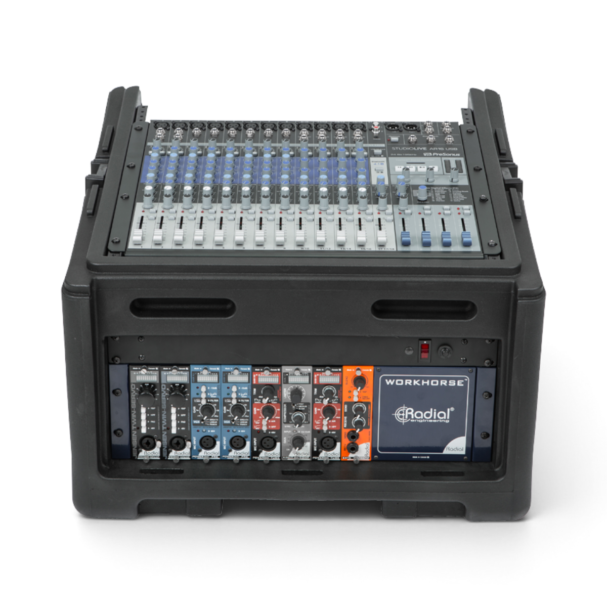 Front view of rolling compact rig with 10U mixer and 4U rack, showcasing mounted audio modules and durable roto-molded housing.