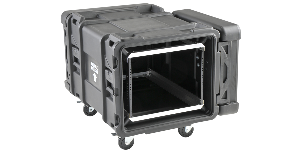 30-inch Shock Rack - 8U with open front access and mounted on wheels, designed for deep server installation and rugged mobility.