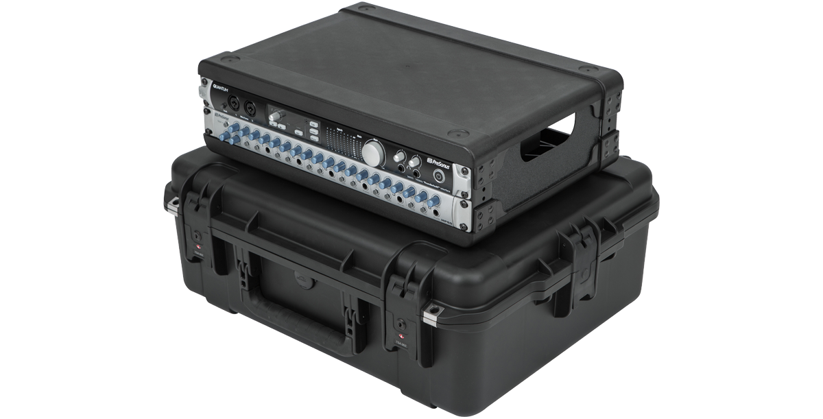 Angled view of Injection Molded Fly Rack 2U Case with installed equipment, highlighting lightweight and rugged construction.