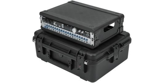 Angled view of Injection Molded Fly Rack 2U Case with installed equipment, highlighting lightweight and rugged construction.