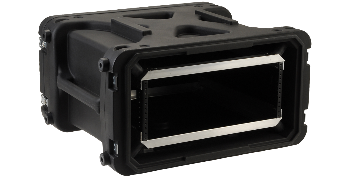 Side open view of 4U 20-Inch Roto Shockproof Rack Case with visible internal mounting rails and shock-absorbing suspension system.