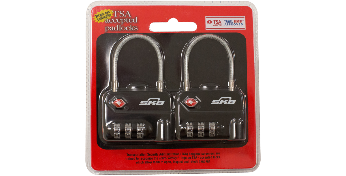 TSA Combination Padlocks - TSA Approved Cable in retail packaging, featuring two black locks with flexible shackles for secure travel use.