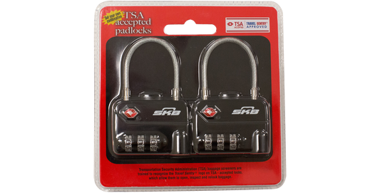 TSA Combination Padlocks - TSA Approved Cable in retail packaging, featuring two black locks with flexible shackles for secure travel use.